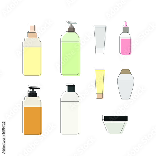 Vector Set of Bottle, Different Cosmetic Products, Icons Collection Isolated on White Background, Containers of Cream, Shampoo, Lotion.