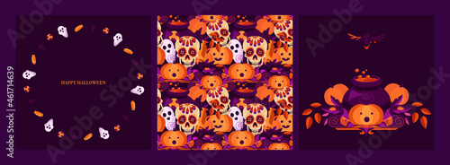 Halloween set with seamless pattern. An image of a ghost, cauldron, pumpkin and other attributes of the holiday. Ideal for printing packaging, postcards, fabrics, websites, templates. EPS10