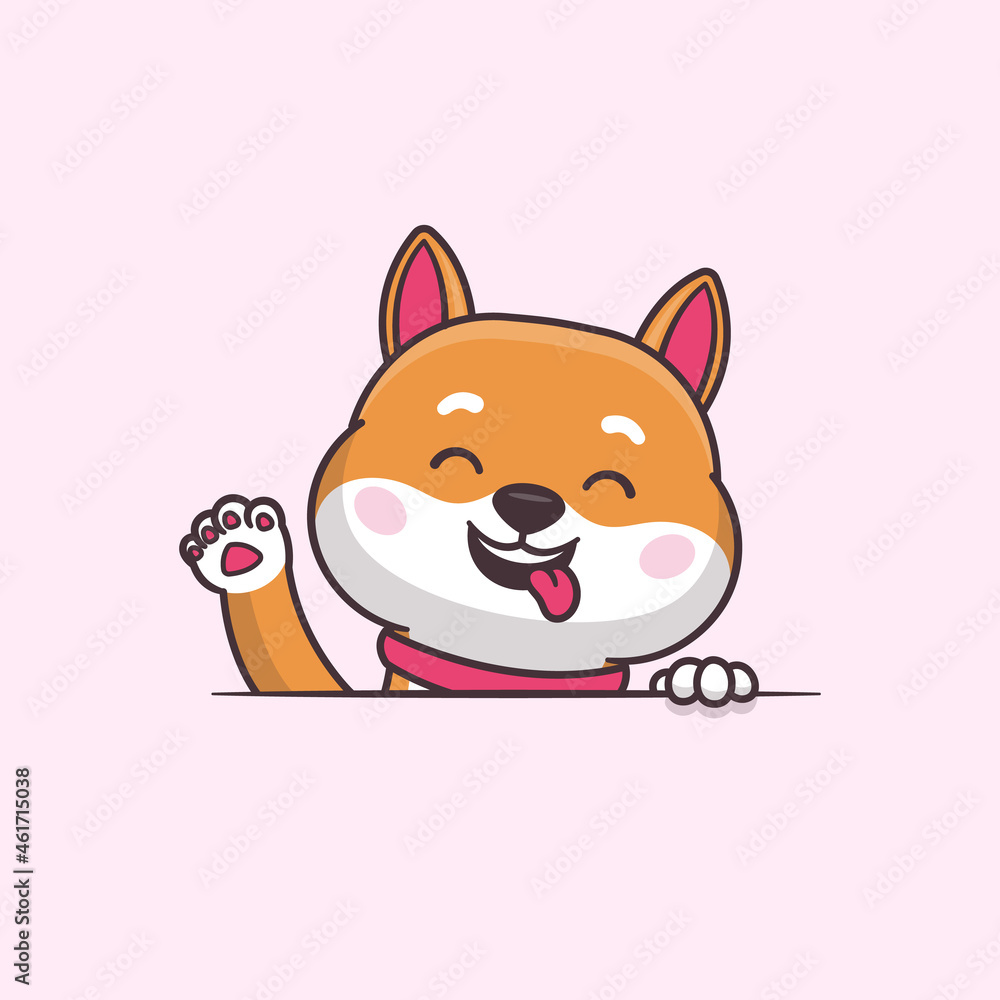 Cute shiba inu dog kawaii cartoon character waving vector cartoon illustration
