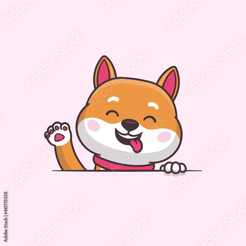 Cute shiba inu dog kawaii cartoon character waving vector cartoon illustration