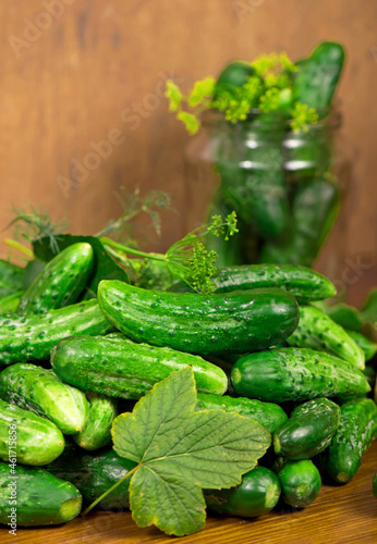 Food background. Organic products  healthy food  harvesting for future use  pickling vegetables  pickling cucumbers. Cucumbers with garlic  salt  dill and empty glass jar for pickling.