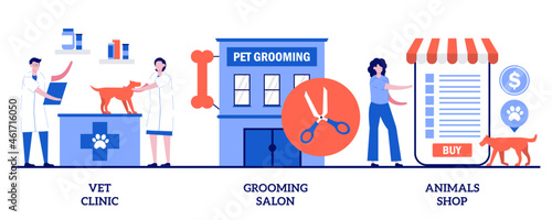 Vet clinic, grooming salon, animals shop concept with tiny people. Animal service and care vector illustration set. Veterinary hospital, pet goods e-shop, pets vaccination, doggie spa metaphor