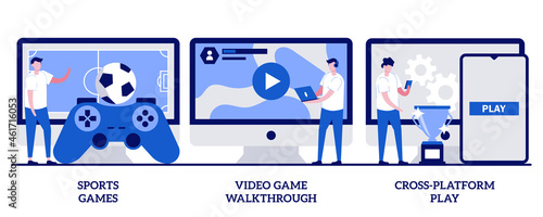 Sports games, video game walkthrough, cross-platform play concept with tiny people. Digital gaming vector illustration set. Console playing, online multiplayer, e-sport league, streaming metaphor