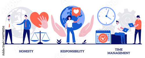 Honesty, responsibility, time management concept with tiny people. Personal and professional skills abstract vector illustration set. Personnel training, employee coaching metaphor