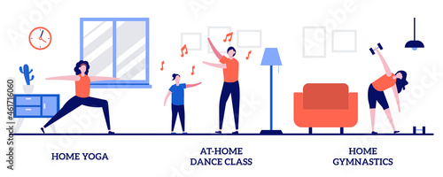 Home yoga, at-home dance class, home gymnastics concept with tiny people. Stay active amid quarantine vector illustration set. Quarantine training, online lesson, video tutorial, workout metaphor