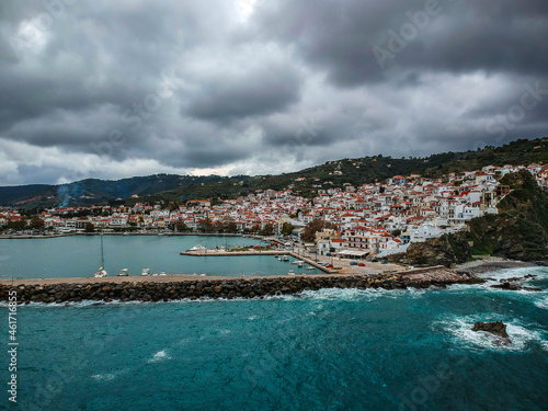 Dramatic winter scenery over the famous Skopelos town also known as chora in Skopelos island, Sporades, Greece