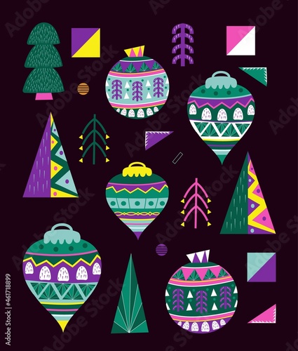 Christmas tree set vector. Christmas toy icons, xmas balls for banner, poster, design.