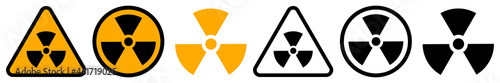 Set of radiation hazard signs. Radiation, round and triangular signs. Radioactive threat alert. Radiation area. Vector.
