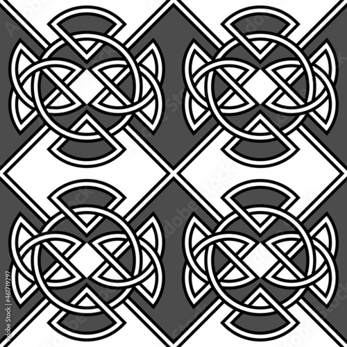 Vector seamless background in black, white and gray colors. Pattern with Celtic knots. Abstract vintage backdrop. Ethnic texture