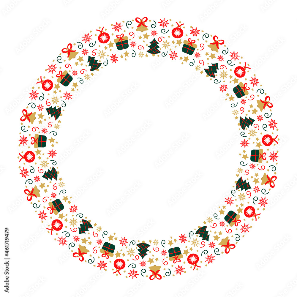Christmas and new year decoration round isolated on white background. Unique design element for greeting card in vector. Frame with gift, ball, snowflake, star in golden, red and green colors