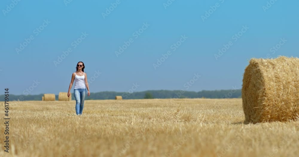 Cute and young woman walks across a mown field, touches a haystack with her hand. Happy woman walks in the field, the joyful moments of life. Walk through the field, there are haystacks. 4k, ProRes Cute and young woman walks across a mown field, touches a haystack with her hand. Happy woman walks in the field, the joyful moments of life. Walk through the field, there are haystacks. 4k, ProRes