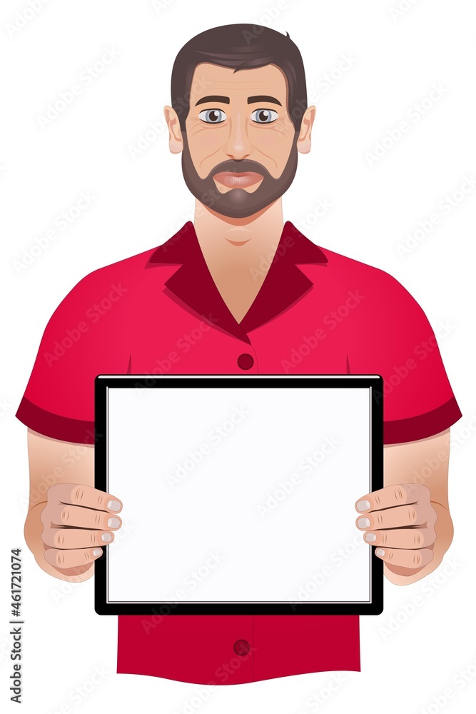 Tablette tenue par un personnage sur fond blanc Tablette tenue par un personnage sur fond blanc