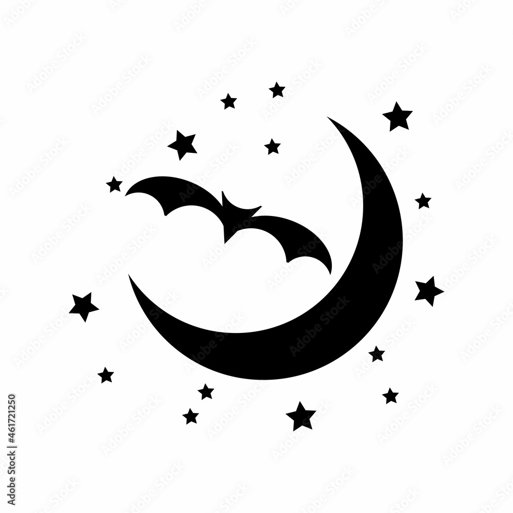 Moon, star, bat icon vector, sign symbol on white background. Flat design style.