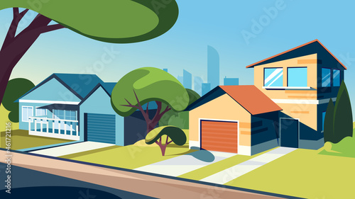 Suburban street in summer season. Beautiful outdoor location.