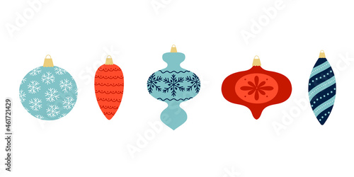 Set of colorful decorated Christmas balls of various shapes. Template for winter festive design.
