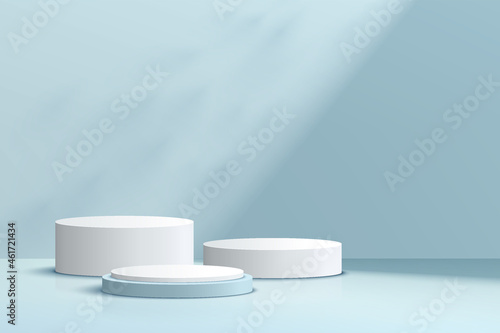 Abstract realistic 3D white and blue cylinder pedestal podium set with shadow and lighting. Pastel blue minimal scene for product display presentation. Vector geometric rendering platform. Studio room