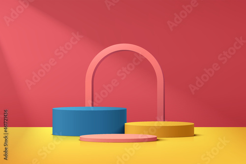 Abstract 3D blue, Yellow and pink cylinder pedestal podium set with arch shape element. Trendy color minimal wall scene for cosmetic product display presentation. Vector geometric rendering platform.