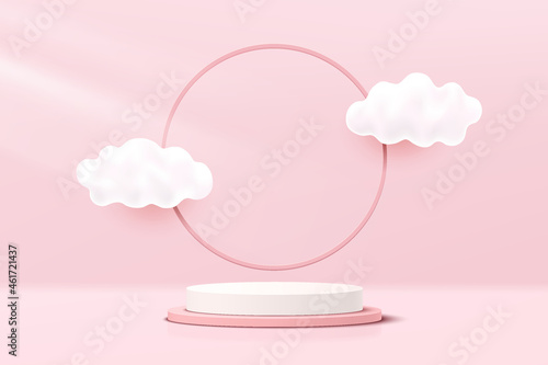 Abstract White, Pink 3D cylinder pedestal podium with cloud flying and circle ring backdrop. Pastel pink minimal scene for product display presentation. Vector geometric rendering platform design. © Riseness