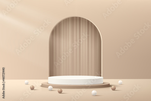 Abstract 3D beige cylinder pedestal podium with arch window and curtain inside. Luxury brown minimal wall scene for cosmetic product display presentation. Vector geometric rendering platform design.