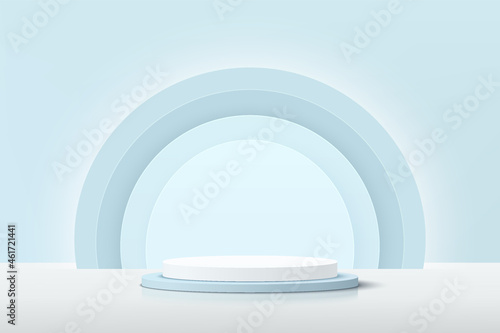 Abstract 3D white, blue cylinder pedestal podium with glowing light blue semi circle backdrop. Pastel blue minimal wall scene for product display presentation. Vector geometric rendering platform.