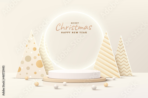 Abstract realistic 3D brown, gold cylinder pedestal podium with Luxury christmas tree and ball. Merry christmas and happy new year scene for product display presentation. Vector rendering platform.