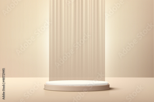 Abstract realistic Beige and Cream 3D cylinder pedestal podium with vertical curtain backdrop. Luxury brown minimal scene for cosmetic product display presentation. Vector geometric rendering platform