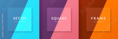 Set of contrast trendy color square frame design with copy space. Abstract 3D glass morphism geometric backdrop. Collection of  blue, pink, orange color background in Top view. Modern minimal style.