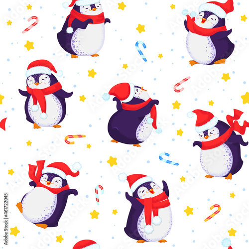 Vector new year background. Funny kid drawn backdrop with bids, snowflackes and candies.