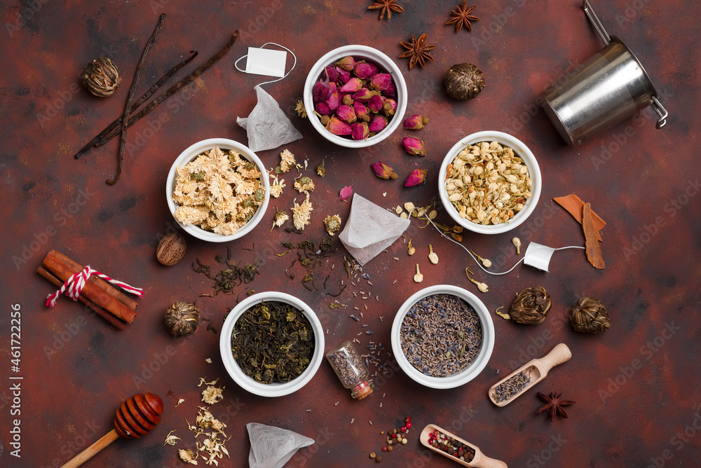 Dry tea with in wooden spoons. Top view Dry tea with in wooden spoons. Top view