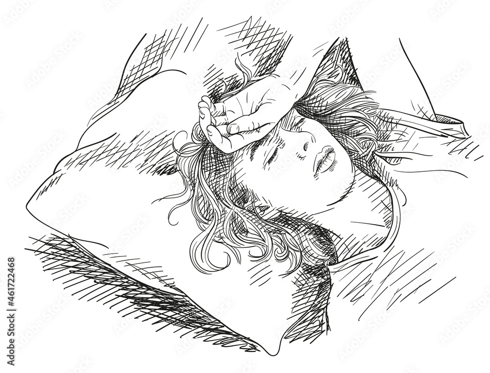 Sketch of tired young woman sleeping in bed, Hand drawn vector