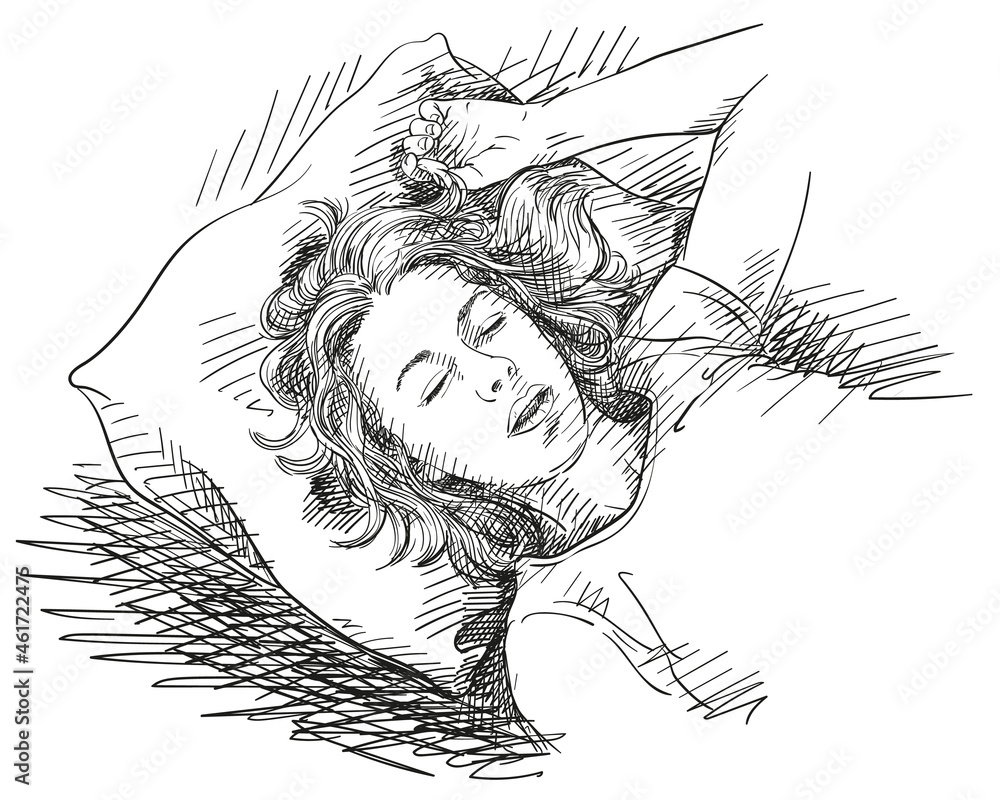 Sketch of young woman sleeping in bed, Hand drawn vector illustration