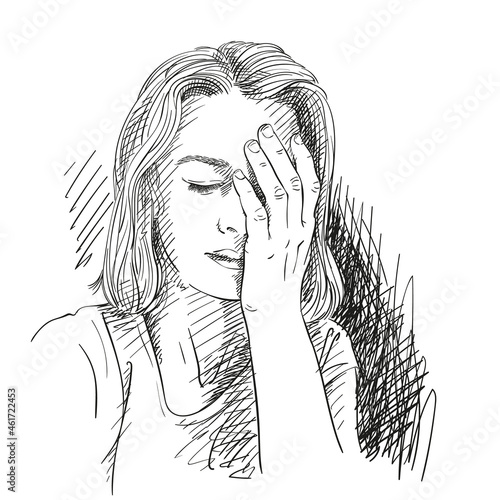 Sketch of sad and tired young woman with cross hatched shade, Hand drawn vector illustration
