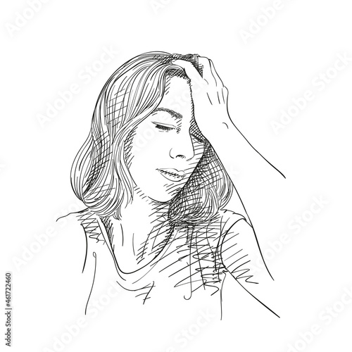 Sketch of tired young woman has headache, Hand drawn vector illustration