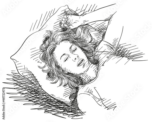 Sketch of young woman sleeping in bed, Hand drawn vector illustration with cross hatched shade