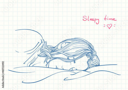 Young sleeping woman, Blue pen sketch on square grid diary page, Hand drawn vector illustration