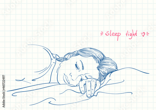 Young sleeping woman, Blue pen sketch on square grid diary page, Hand drawn vector illustration