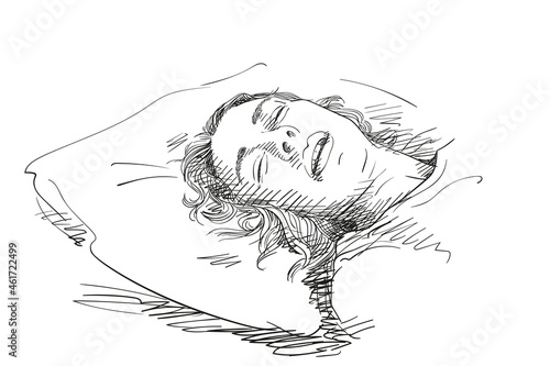 Sketch of young woman sleeping head on pillow, Hand drawn vector illustration