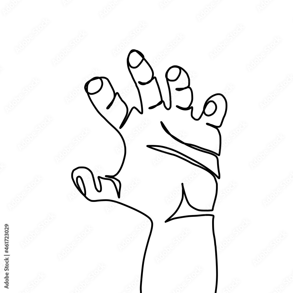 Schematic representation of a human hand. Give me five. An icon with five fingers on a white background. Illustration of a hand in the style: One line. Schematic representation of a human hand. Give me five. An icon with five fingers on a white background. Illustration of a hand in the style: One line.