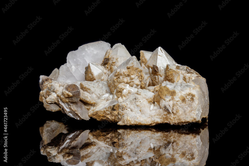 Macro mineral stone Snow quartz with calcite on a black background Macro mineral stone Snow quartz with calcite on a black background