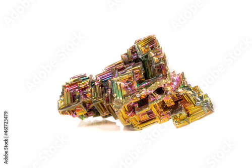 Macro of the mineral bismuth stone on a white background