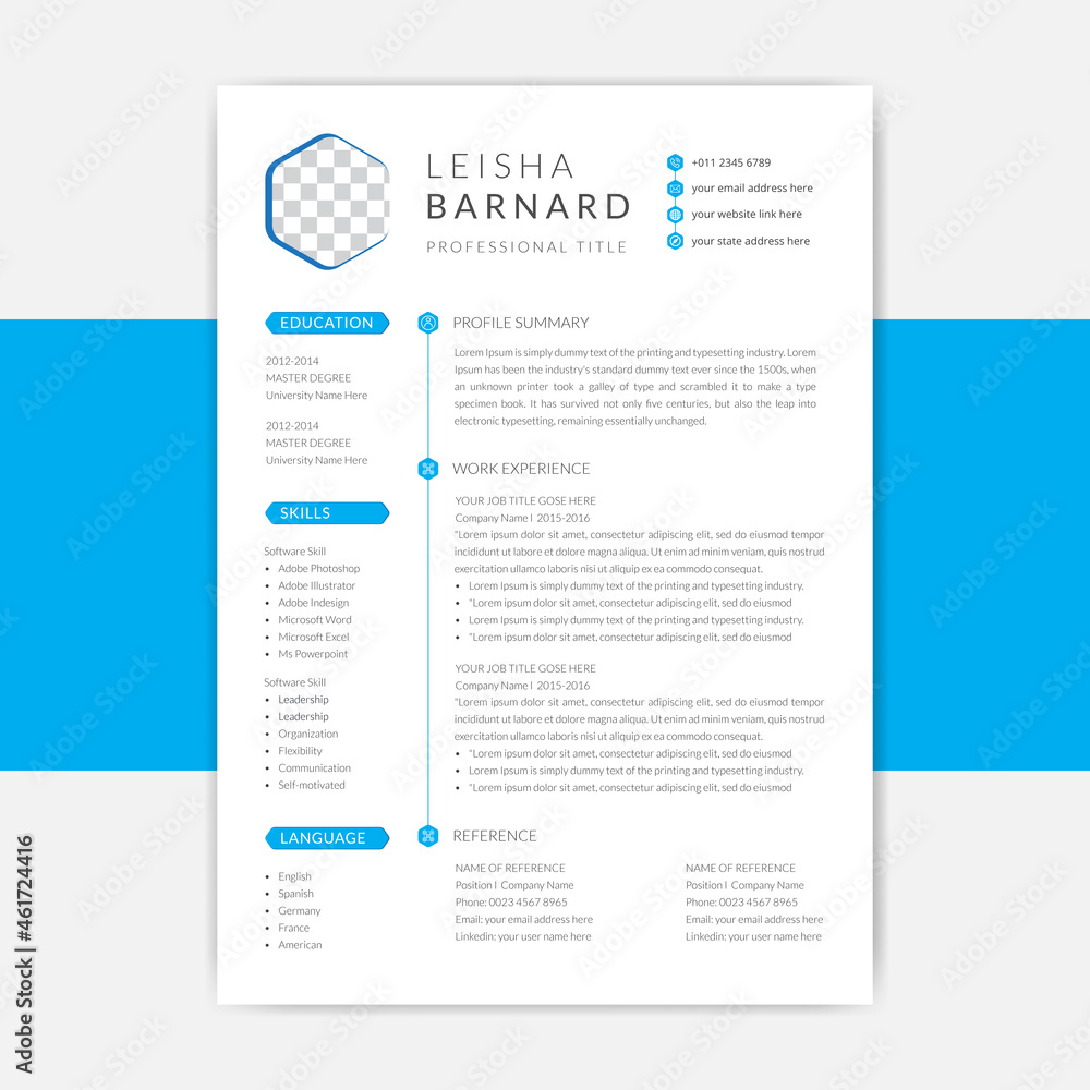 clean resume cv template, modern curriculum vitae, application layout