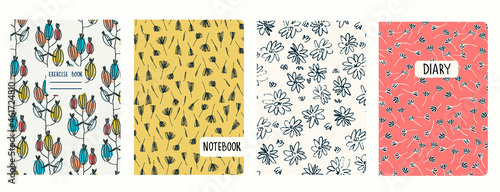 Set of cover page templates based on seamless patterns with burdocks and wildflowers in Ditzy style. Backgrounds for notebooks, notepads, diaries. Headers isolated and replaceable
