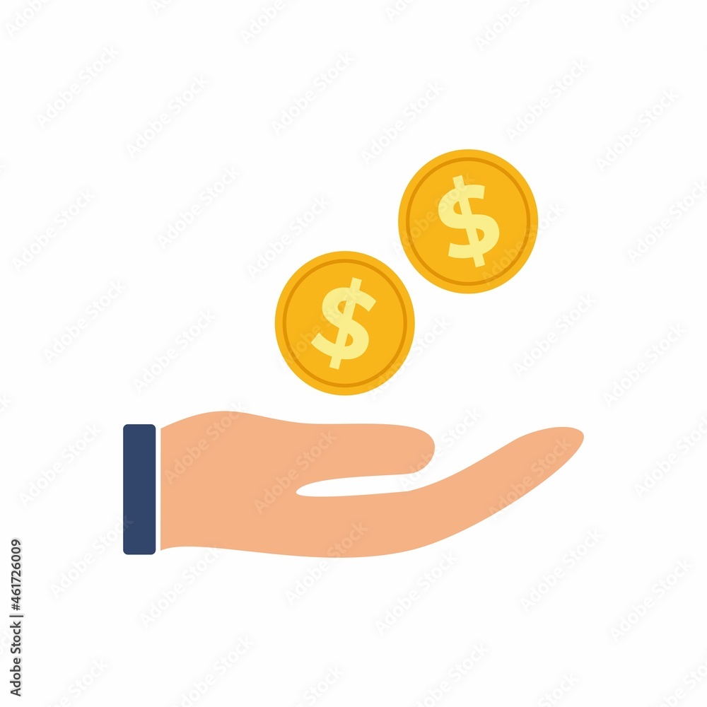 Hand and coins icon. Simple, high quality and suitable for your design. Flat design vector illustration on a white background. Save money icon. Hand and coins icon. Simple, high quality and suitable for your design. Flat design vector illustration on a white background. Save money icon.