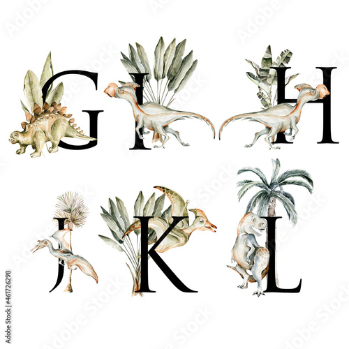 Watercolor hand painted cute latin alphabet. Letters, numbers with tropical palm tree leaves, dinosaurs for nursery decor, wallpaper, baby shower card.