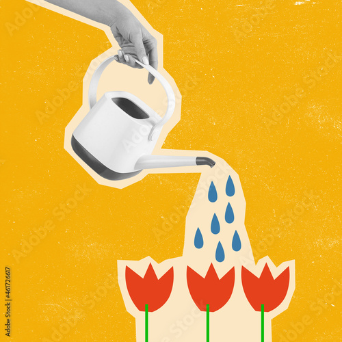 Contemporary art collage, modern design. Summer time mood. Female hand watering flowers. © master1305