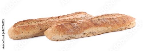 Tasty buckwheat baguettes on white background. Fresh bread