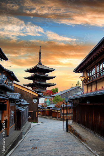Hokanji Temple in the Gion district of Japan's old capital, Kyoto at golden hour