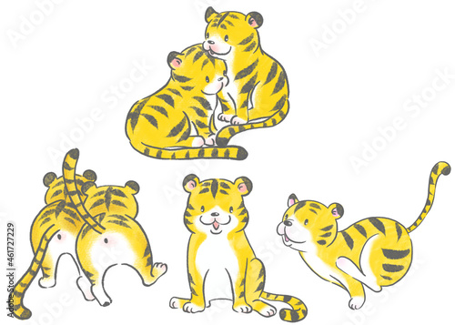 かわいいトラのキャラクター、手描きイラストセット／Cute tiger character, hand-drawn illustration set