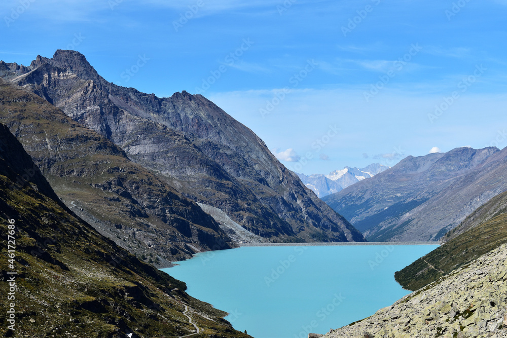 Mattmark lake and dam in the valley of saas, Switzerland