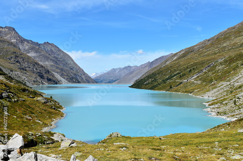Blue turquoise Mattmark dam, lake or reservoir in Switzerland